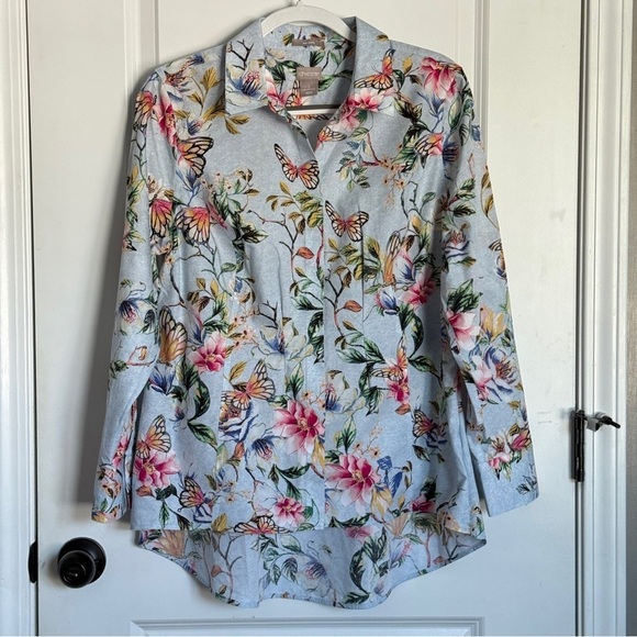 Chico's Tops - Chico's Blue Floral Button Down Top Wrinkle Resistant Size Large